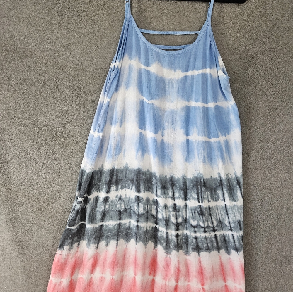 Vintage 90s Color Touch Midi Dress Red White Blue Tye Dye Sleeveless Boho Large